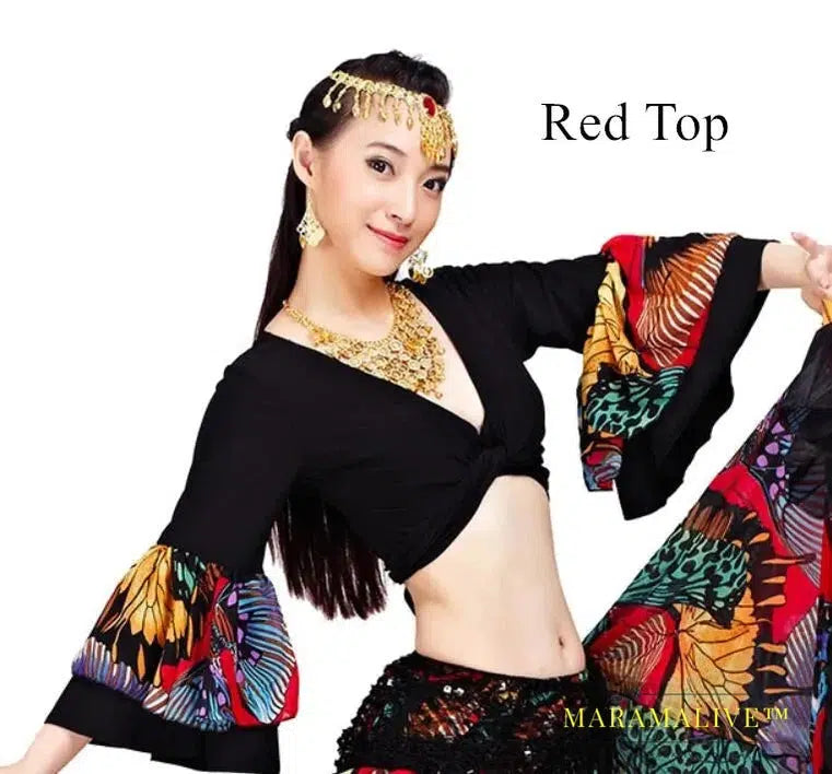 Gypsy Swing Skirt Chiffon Big Circle Belly Dance Costume Outfit Print Choli Top Wrap Blouse Horn Sleeve Dancer Performance Show