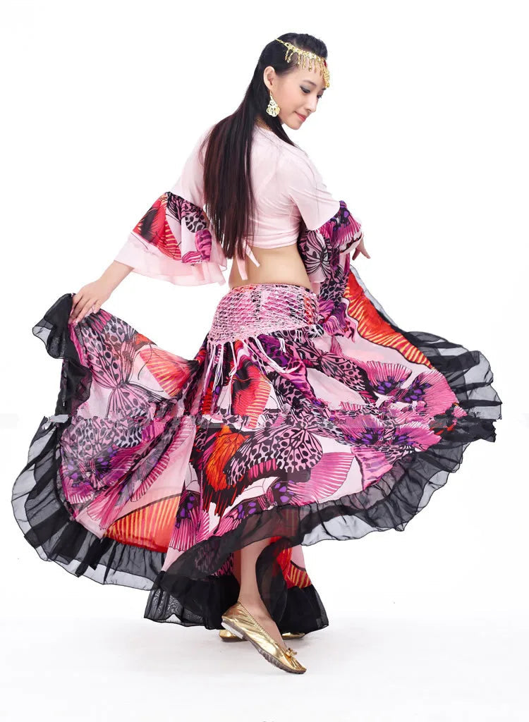 Gypsy Swing Skirt Chiffon Big Circle Belly Dance Costume Outfit Print Choli Top Wrap Blouse Horn Sleeve Dancer Performance Show