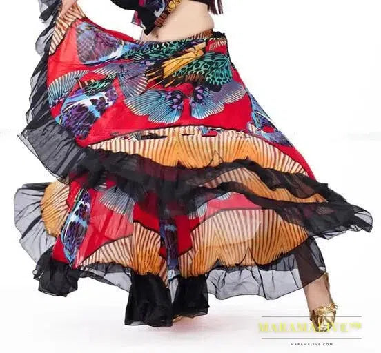 Gypsy Swing Skirt Chiffon Big Circle Belly Dance Costume Outfit Print Choli Top Wrap Blouse Horn Sleeve Dancer Performance Show