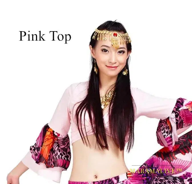 Gypsy Swing Skirt Chiffon Big Circle Belly Dance Costume Outfit Print Choli Top Wrap Blouse Horn Sleeve Dancer Performance Show