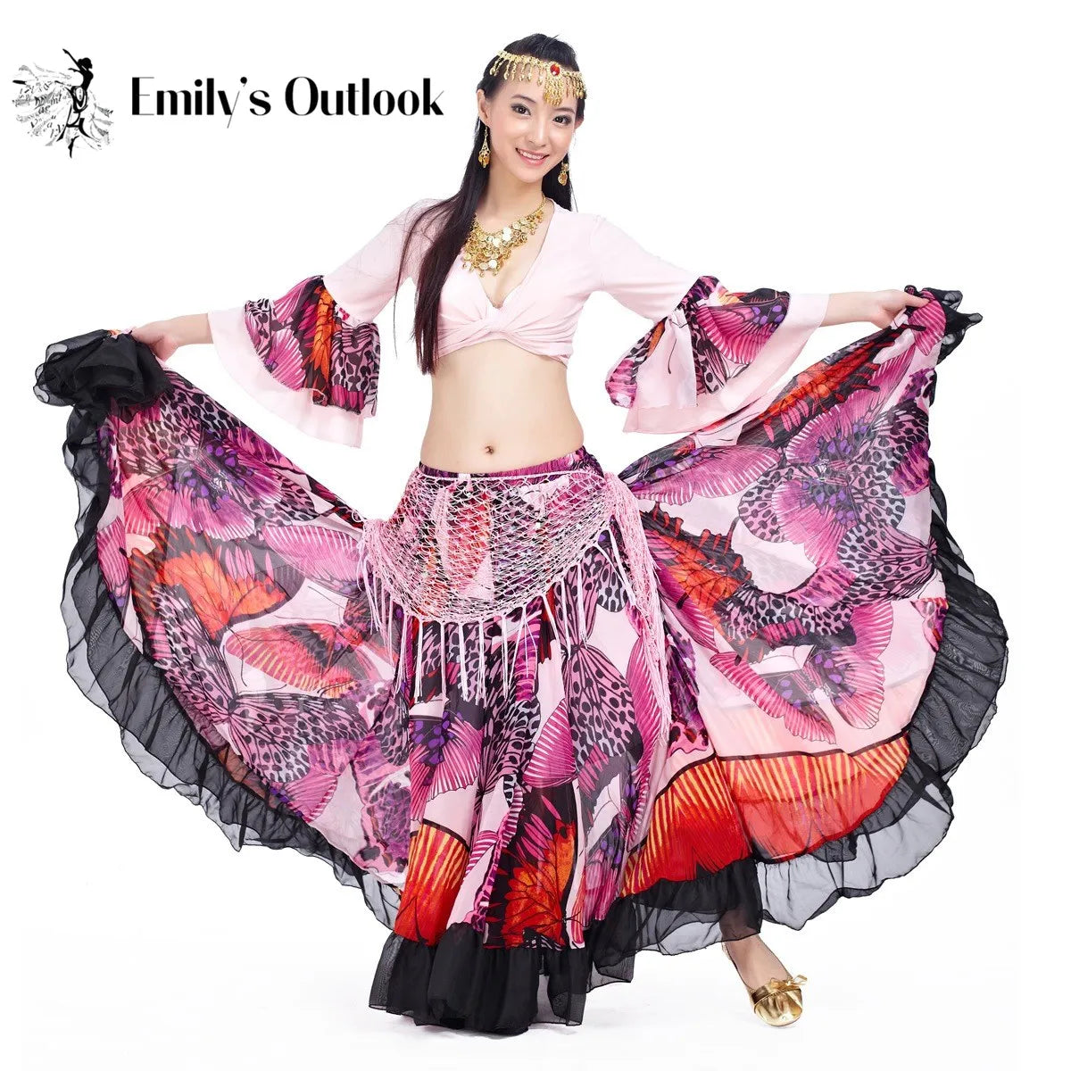 Gypsy Swing Skirt Chiffon Big Circle Belly Dance Costume Outfit Print Choli Top Wrap Blouse Horn Sleeve Dancer Performance Show