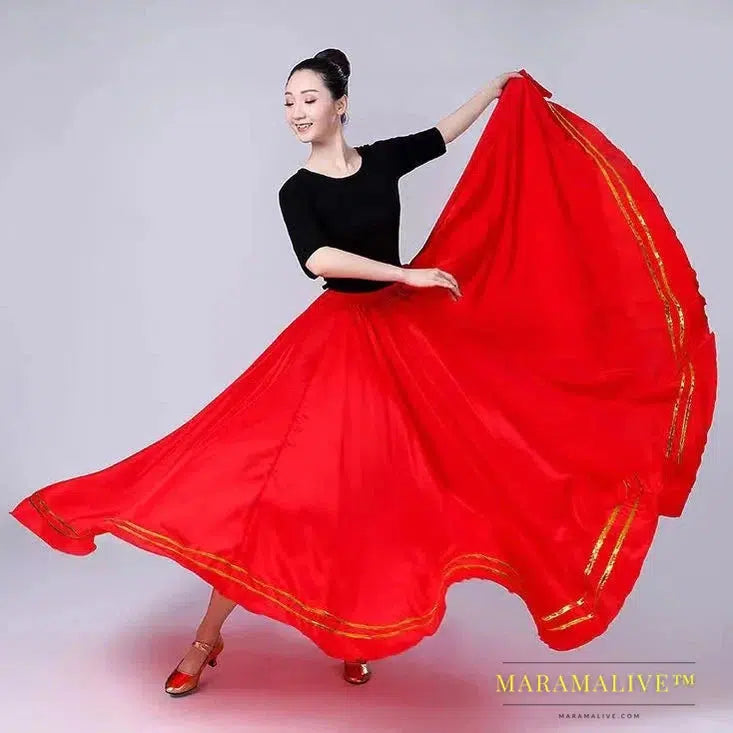 Gypsy Woman Spanish Flamenco Skirt Polyester Satin Smooth Big Swing Carnival Party Ballroom Belly Dance Costumes Dress