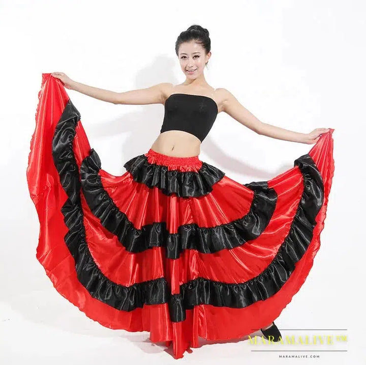 Gypsy Woman Spanish Flamenco Skirt Polyester Satin Smooth Big Swing Carnival Party Ballroom Belly Dance Costumes Dress