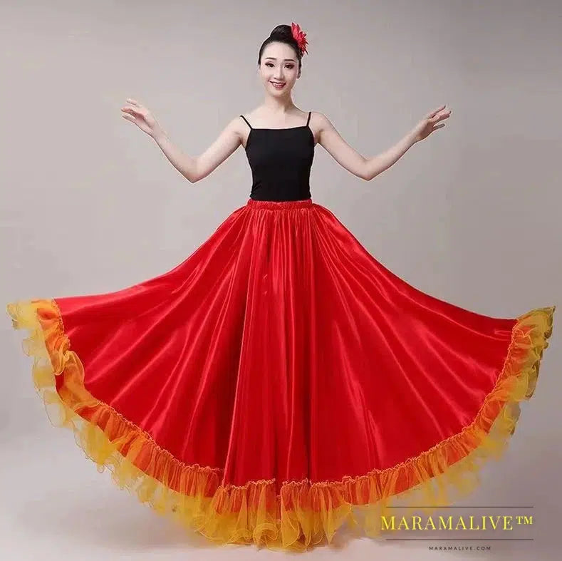 Gypsy Woman Spanish Flamenco Skirt Polyester Satin Smooth Big Swing Carnival Party Ballroom Belly Dance Costumes Dress