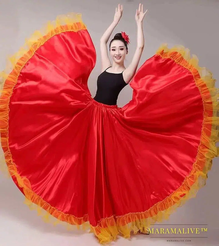 Gypsy Woman Spanish Flamenco Skirt Polyester Satin Smooth Big Swing Carnival Party Ballroom Belly Dance Costumes Dress