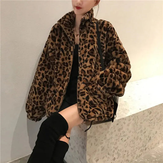 Winter Leopard Print Jacket Women's Stand collar Warm Parkas Outwear 2023 New Autumn Winter Female Loose Faux Fur Coats