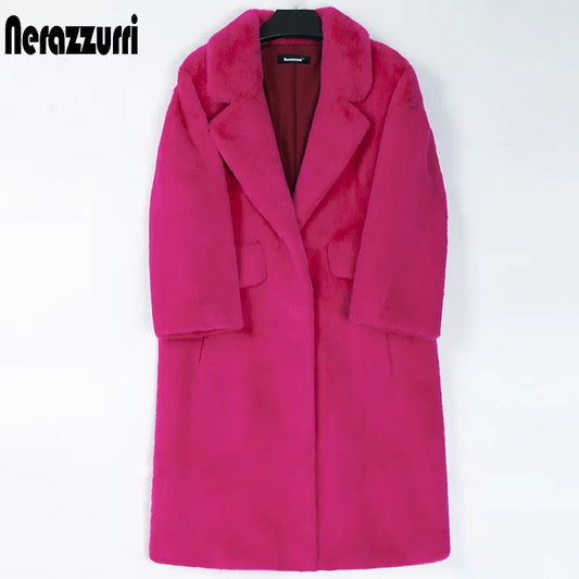 Winter Long Hot Pink Faux Fur Coat Women Lapel Warm Thick Black Soft Fluffy Jacket Loose Stylish Fashion 2022