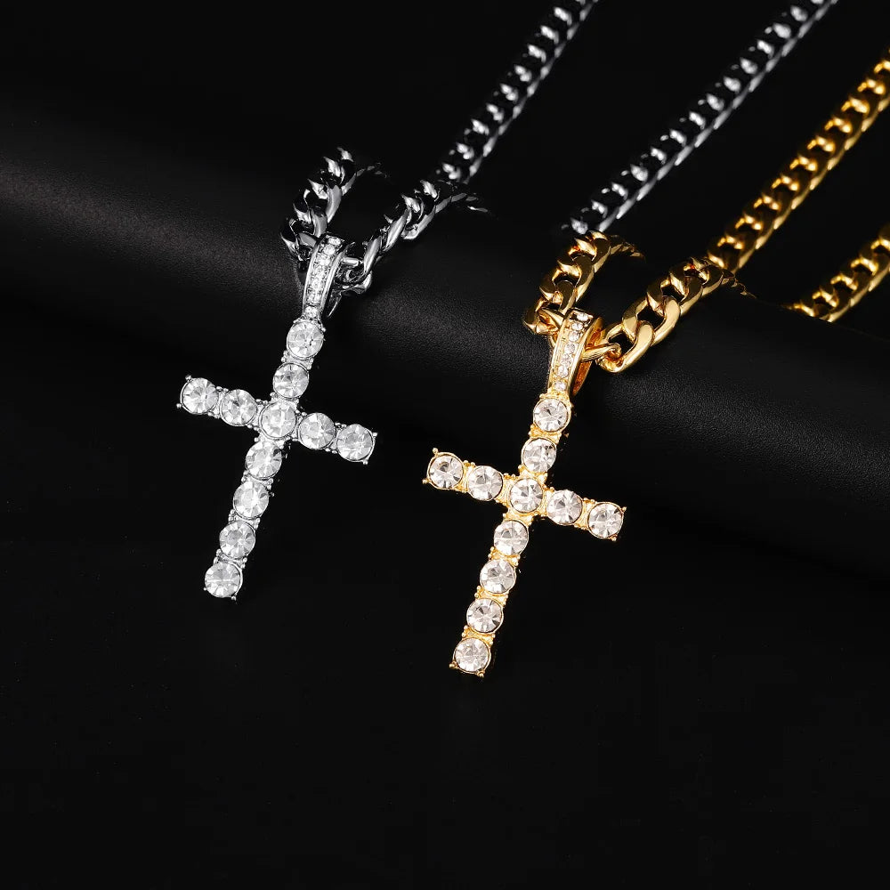 Men Women Hip Hop Cross Pendant Necklace With 4mm Zircon Tennis Chain Iced Out Exquisite Bling Jewelry Fashion Trendy Creative
