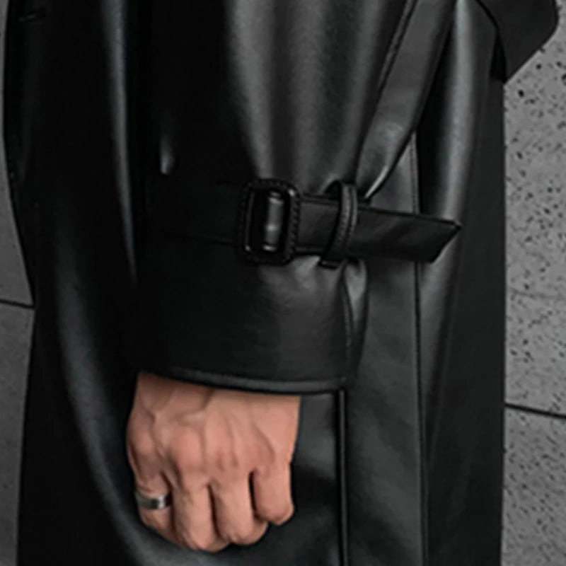 Long Black Oversized Faux Leather Trench Coat Men 2022 Drop Shoulder Belt Faux Leather Coats for Men