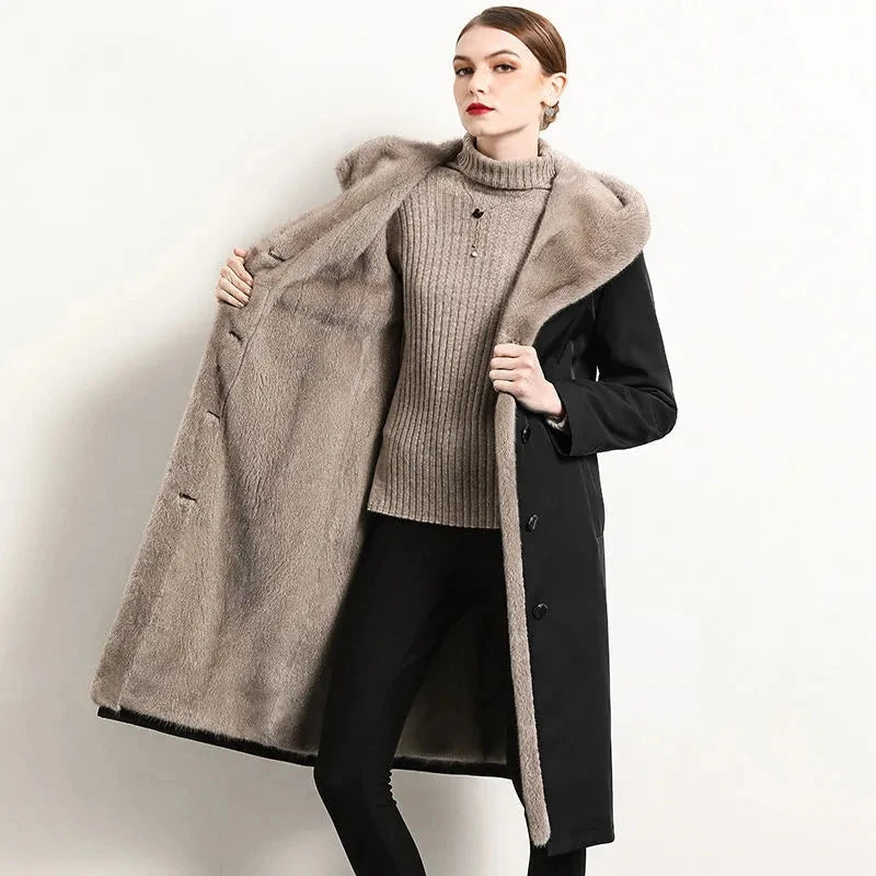 Imitation Mink Liner Midi Faux Fur Coat Winter Plus Velvet Warm Hooded Drawstring Slim Waist Women Parka Fur Jacket Overcoat