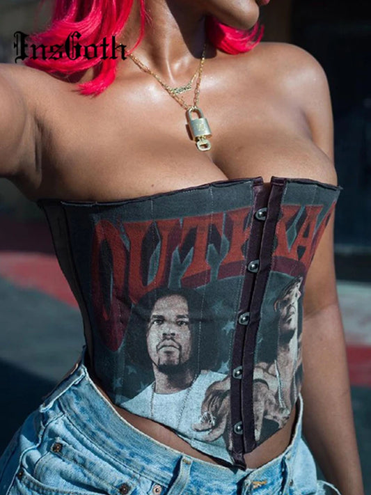 Grunge Punk Portrait Print Black Camis Streetwear Sleeveless Backless Tube Hidden Button Corset Tops E Girl Goth Clothes