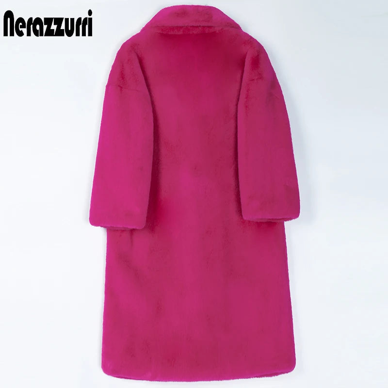 Winter Long Hot Pink Faux Fur Coat Women Lapel Warm Thick Black Soft Fluffy Jacket Loose Stylish Fashion 2022