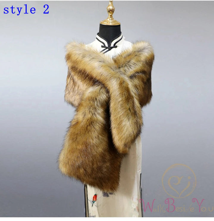 "Mannequin showcases elegant faux fur cape. Fox colored