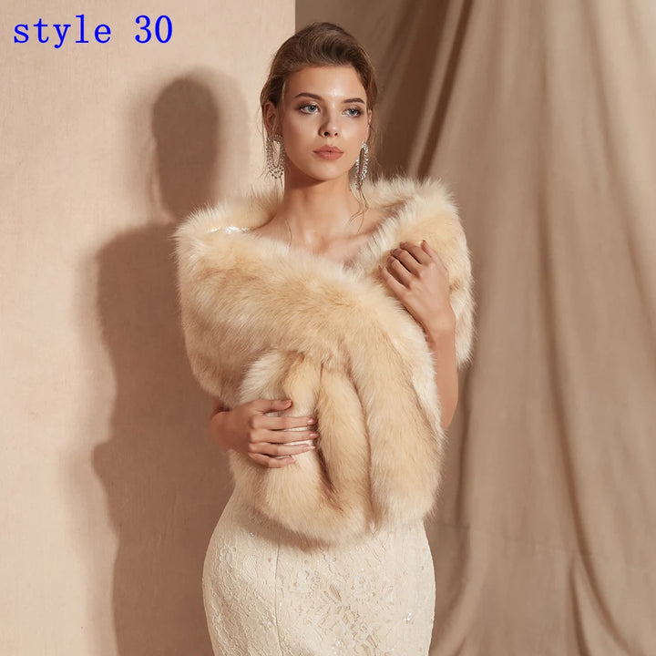 "Mannequin showcases elegant faux fur cape. Ccream