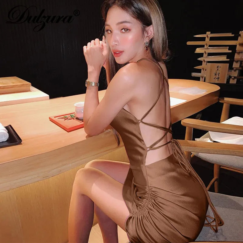 Satin Women Strap Mini Dress Ruched Lace Up Cross Bandage Backless Sexy Party Elegant 2023 Club Slim