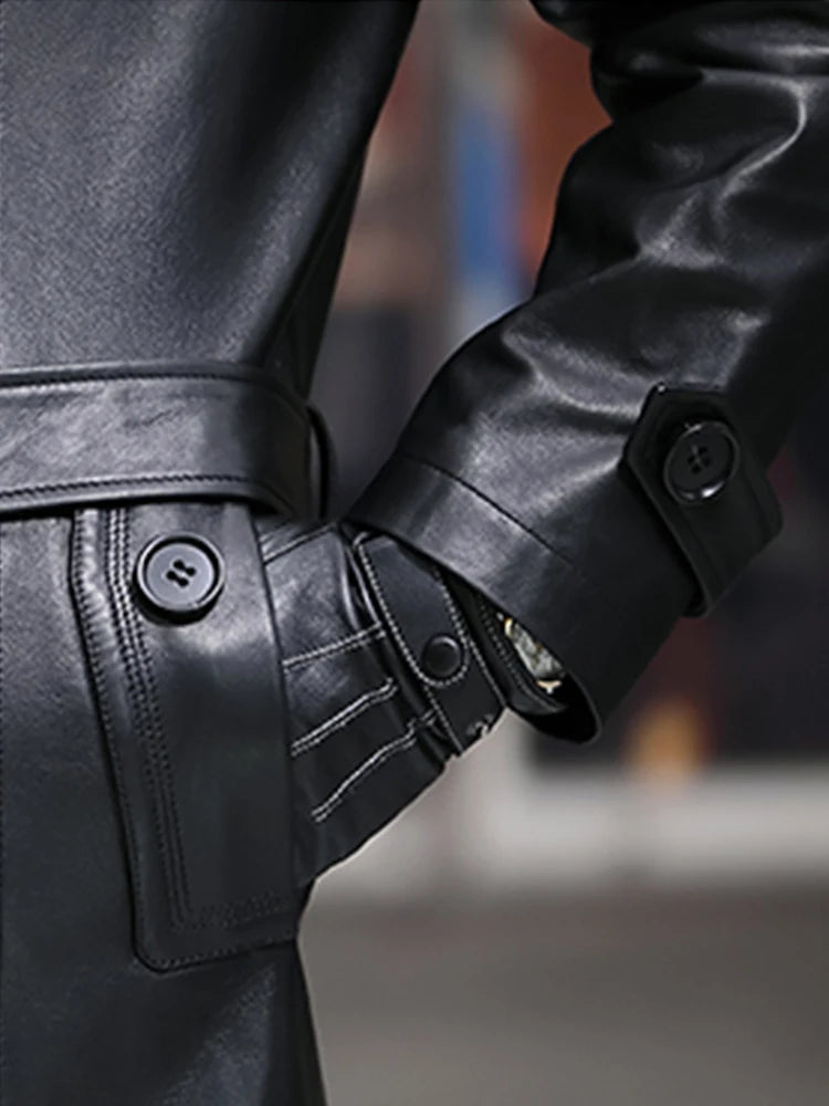 Long Smart Black Waterproof Leather Trench Coat Men Lapel belt Autumn Soft Faux Leather Blazer for Men 2023