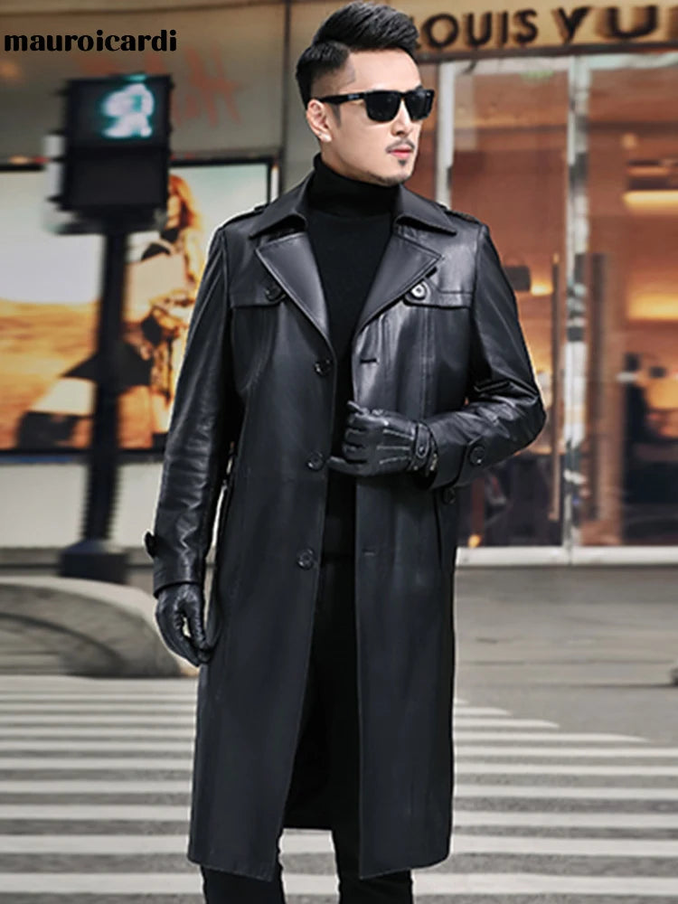 Long Smart Black Waterproof Leather Trench Coat Men Lapel belt Autumn Soft Faux Leather Blazer for Men 2023