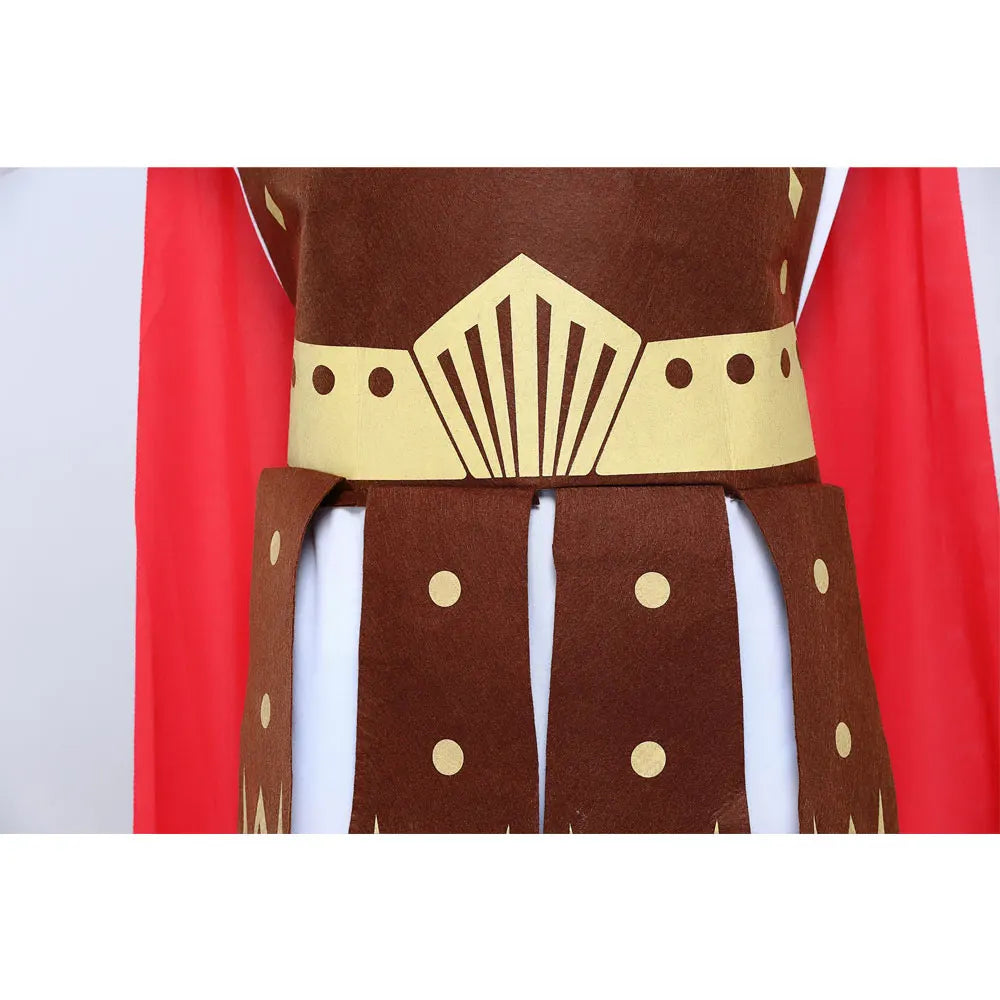 Close-up of a Maramalive™ Adult Men Greek Roman Warrior Gladiator Costume Knight Julius Caesar Costumes Halloween Carnival Mardi Gras Fancy Dress Umorden featuring a brown tunic with gold geometric designs and a matching belt. A red cape is visible in the background, perfect for cosplay costumes.