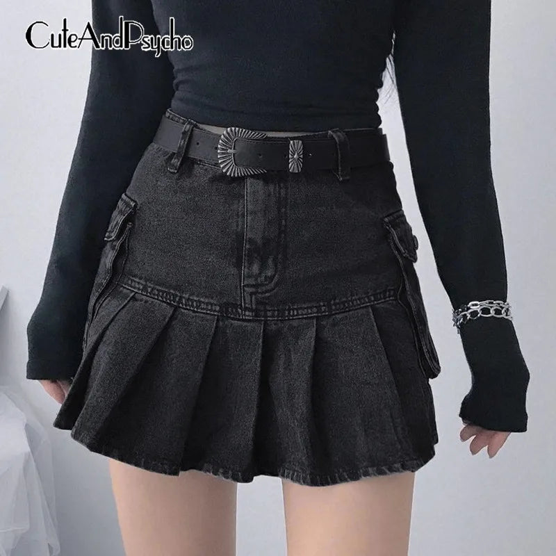 Vintage Pleated Denim Skirts Women Dark Fashion Skirts Goth Black High Waist Skirt 90s Pockets