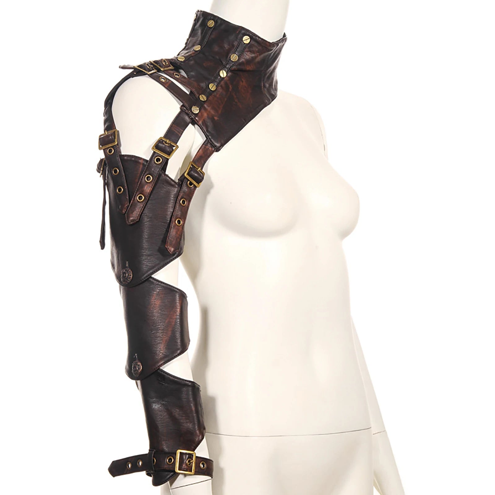 A mannequin displays a Maramalive™ Adult Steampunk Retro Leather Arm Sheath Armor Costume One Shoulder Faux Leather Corset warmer bolero Shrug Jacket Coffee with multiple straps and metal buckles, perfect for punk costume accessories or adding flair to cosplay costumes.