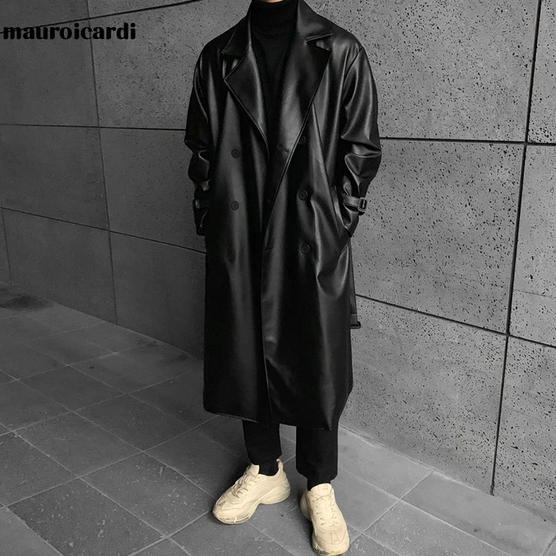 Long Black Oversized Faux Leather Trench Coat Men 2022 Drop Shoulder Belt Faux Leather Coats for Men