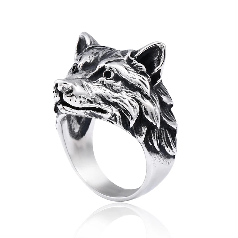 Stainless Steel norse viking Amulet wolf head animal Man ring Odin for Scandinavian fashion jewelry