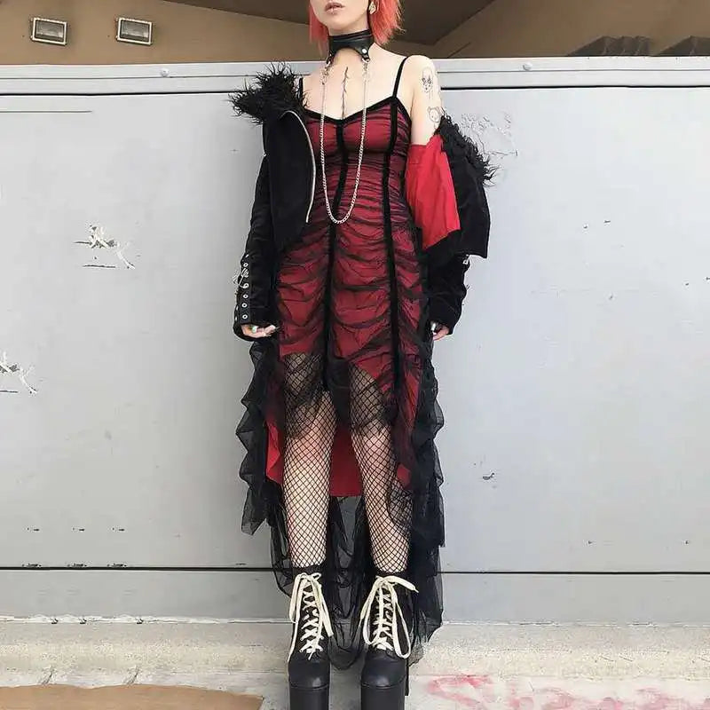 Goth Mesh Lace Pleated Dress Women Gothic Black Dark Academia Aesthetic Summer Midi Dresses Irregular Punk Emo Clothes