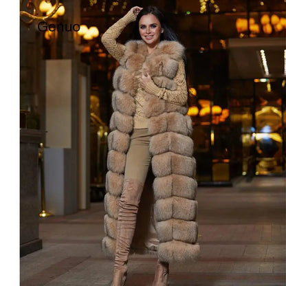 10-section Luxury Faux Fox Fur Winter Vest Jacket Sleeveless Thick Warm Horizontal Striped Long Style Fluffy Fake Fur Overcoat
