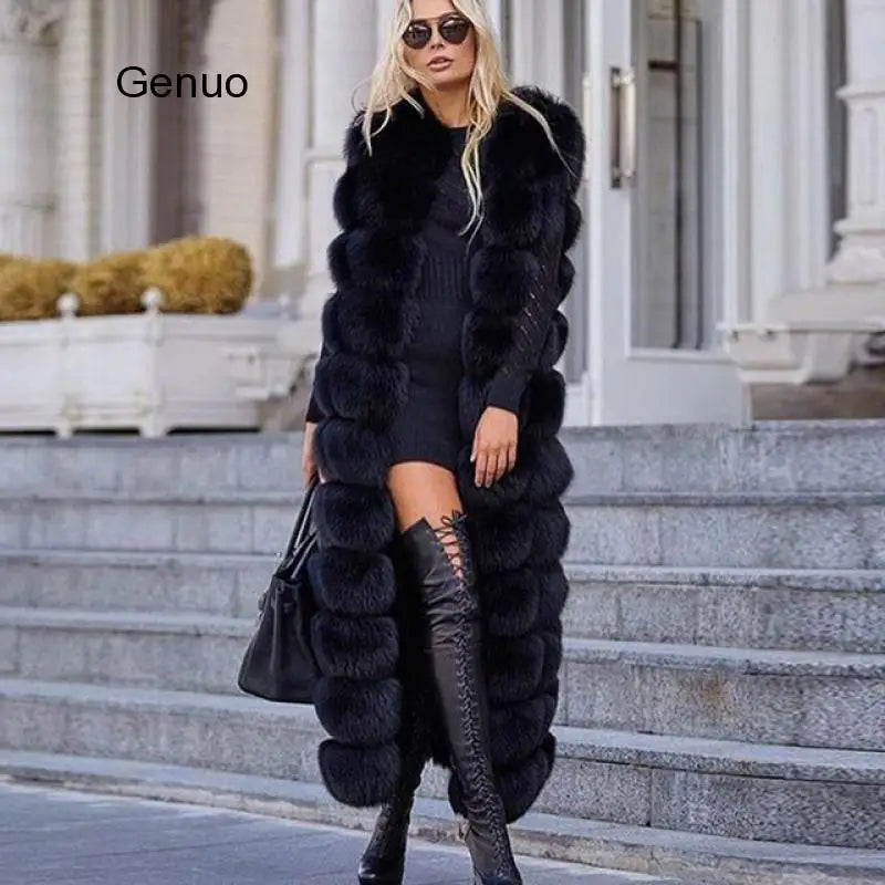 10-section Luxury Faux Fox Fur Winter Vest Jacket Sleeveless Thick Warm Horizontal Striped Long Style Fluffy Fake Fur Overcoat