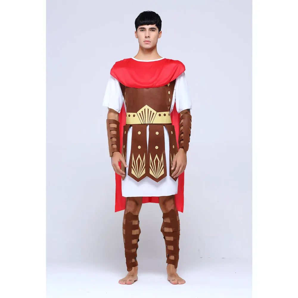 A person dressed in a Maramalive™ Adult Men Greek Roman Warrior Gladiator Costume Knight Julius Caesar Costumes Halloween Carnival Mardi Gras Fancy Dress Umorden, complete with a red cape, decorative armor, and brown legguards, stands against a plain white background. Perfect for men's and women's sets or cosplay costumes.