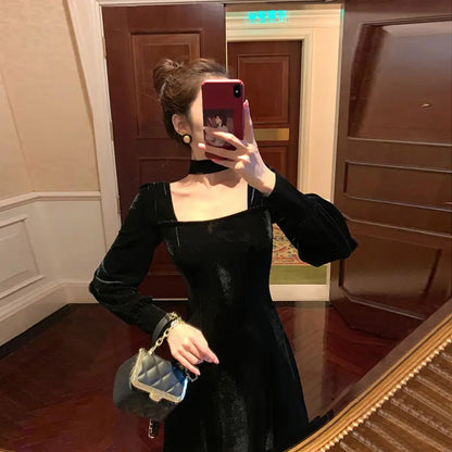 Sexy Dress Women French Retro Vintage Square Collar Waist Office Lady Wine Red Golden Velvet Autumn and Winter Female Clothing