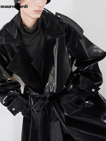 Oversized Luxury Reflective Shiny Patent Leather Trench Coat Men Fashion 2022 Belt Waterproof Rain Coat