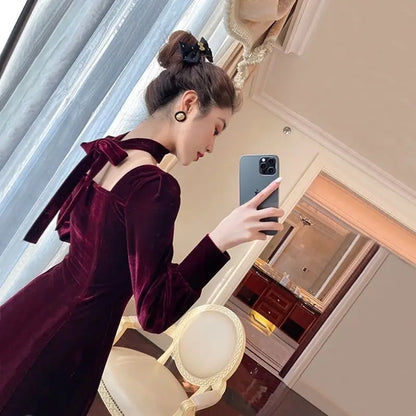 Sexy Dress Women French Retro Vintage Square Collar Waist Office Lady Wine Red Golden Velvet Autumn and Winter Female Clothing