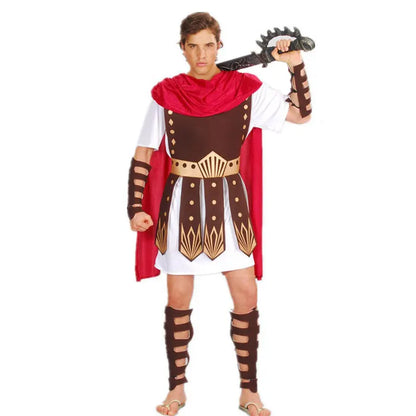Person in a Roman gladiator costume holding a spiked weapon, wearing a red cape, brown and gold armor, and sandals. Perfect for men's and women's sets seeking authentic Roman warrior costumes for cosplay events. Try the Adult Men Greek Roman Warrior Gladiator Costume Knight Julius Caesar Costumes Halloween Carnival Mardi Gras Fancy Dress Umorden by Maramalive™.