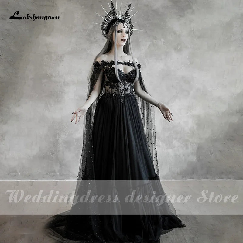 Lakshmigown Dark Fairytale Gothic Black Wedding Dresses With Cupped Corset Bodice Fantasy Bridal Gown Halloween Wedding Cloak