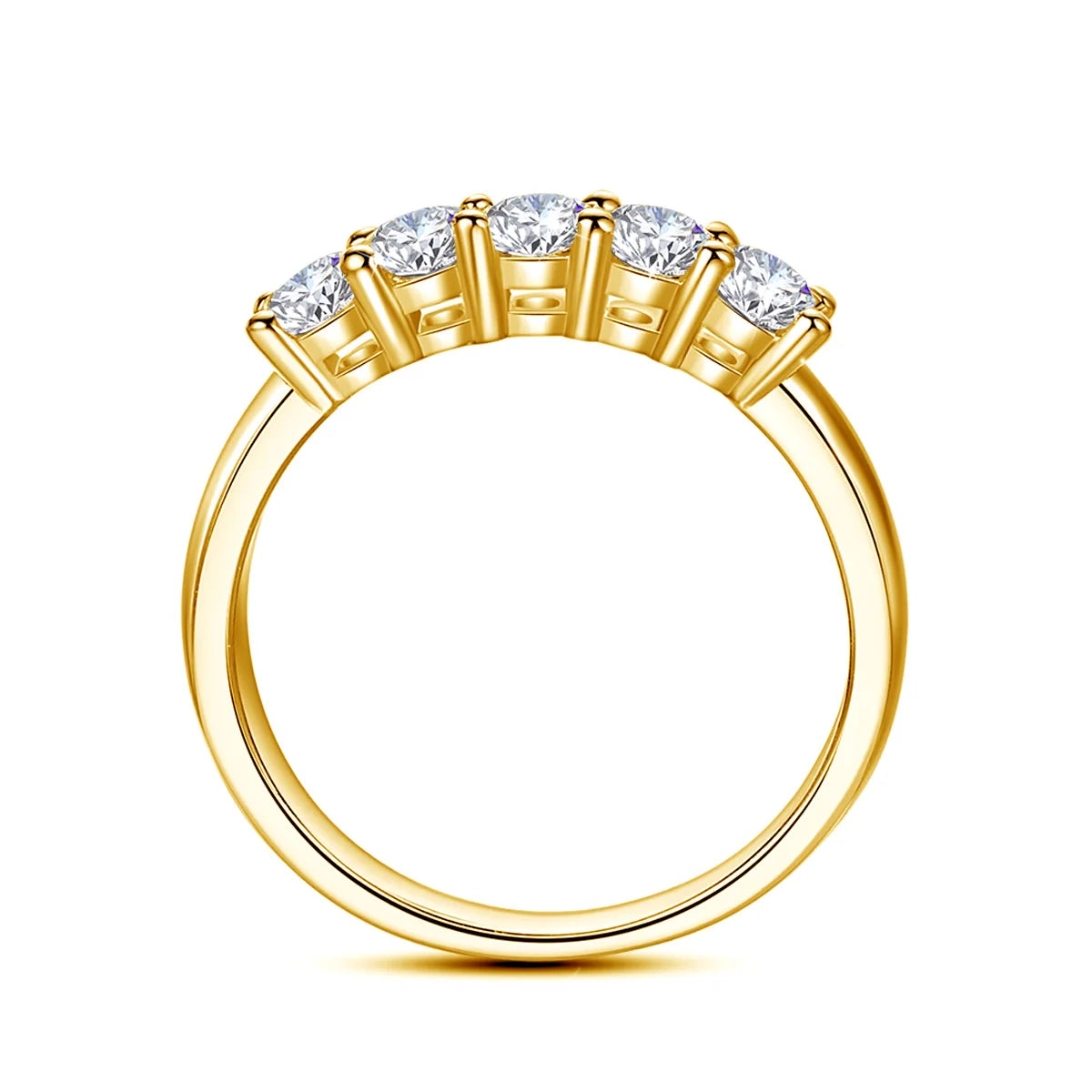 A stunning Maramalive™ With Certificate Original Solid 18K Gold Moissanite Ring For Women 5 Stone Luxury Wedding Jewelry With Stamp Gift Female with five evenly spaced round diamonds set in a row on the top half of the band.