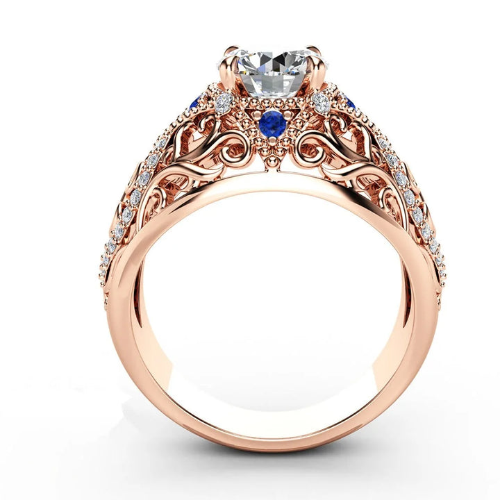 Rose gold moissanite engagement rings displayed.
