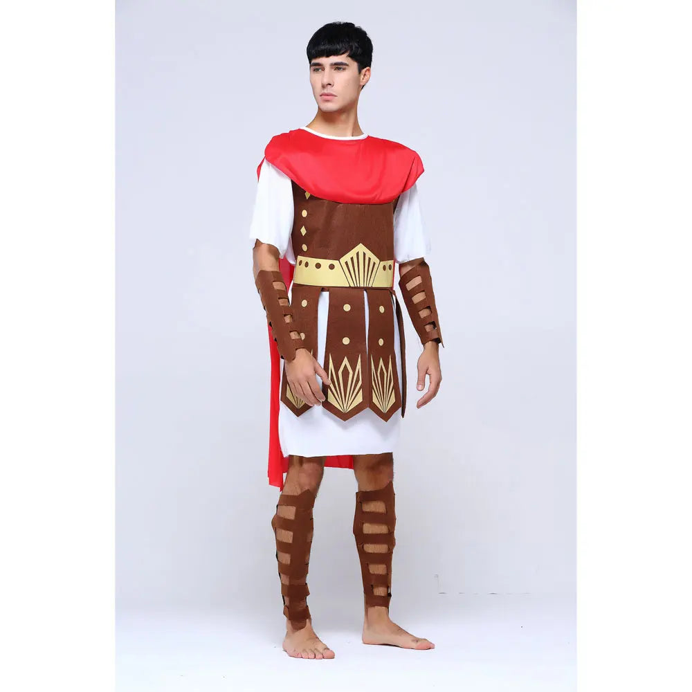 A person stands in a Maramalive™ Adult Men Greek Roman Warrior Gladiator Costume Knight Julius Caesar Costumes Halloween Carnival Mardi Gras Fancy Dress Umorden, complete with a red cape, brown and gold armor detailing, and brown leg guards, against a plain white background.