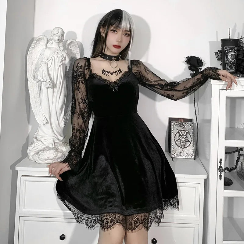 E-girl Grunge Gothic Black Mini Dress Lace Trim High Waist Bodycon Dress Y2K Women 90s Vintage Punk Lolita Clothes