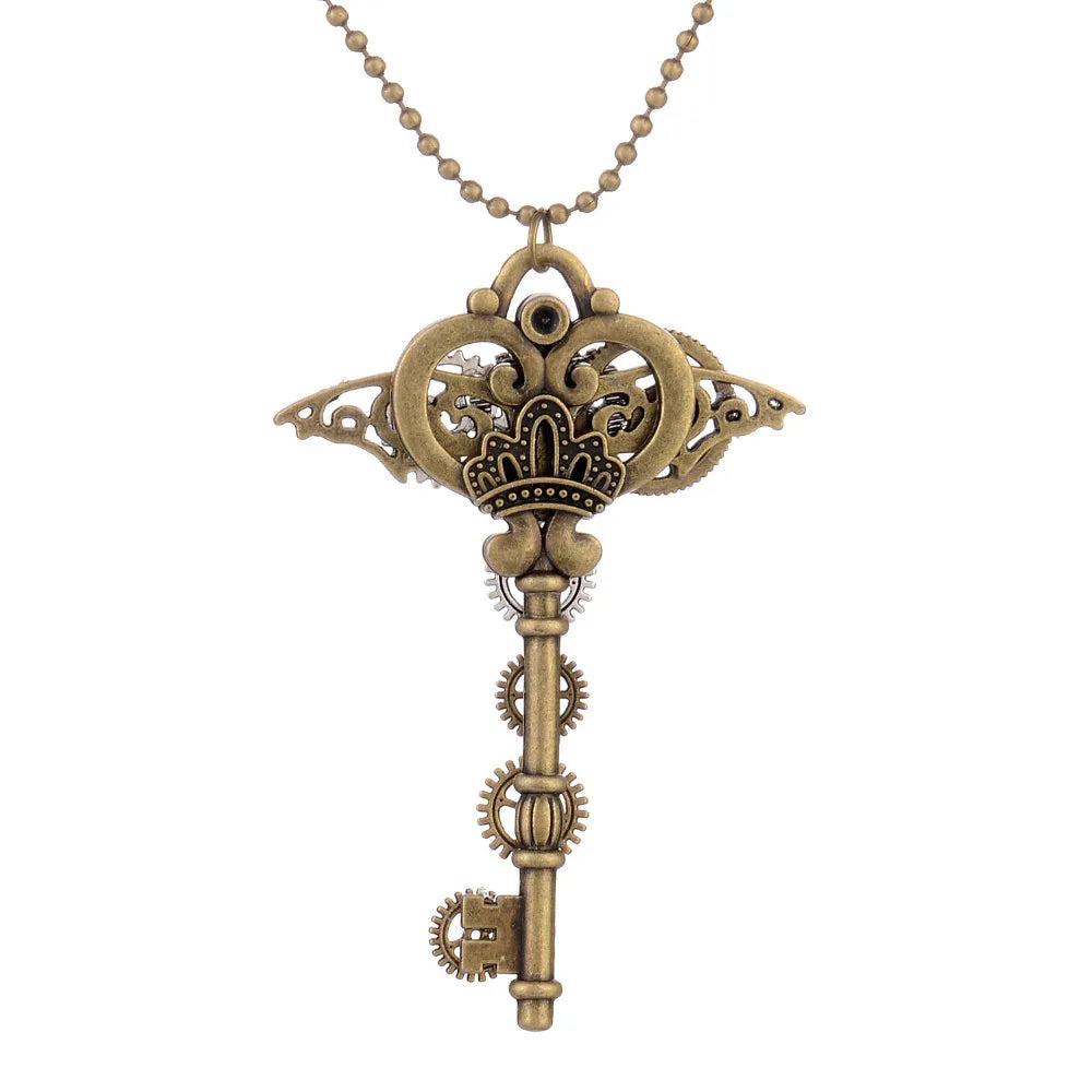Fashion Steampunk Necklace Bronze Beads Chain Gear Bronze Gear Key Pendant Trendy Punk Series Jewelry Gift,1 Piece