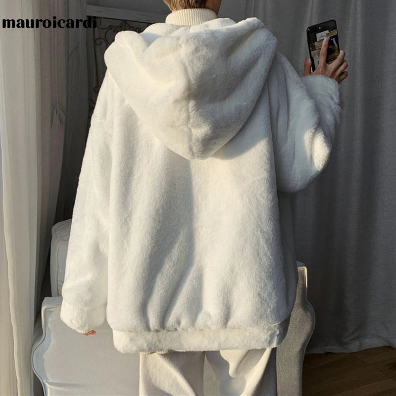 Winter Oversized White Faux Fur Coat Men with Hood Long Sleeve Zipper Casual Loose Fluffy Jacket for Men Style 2021