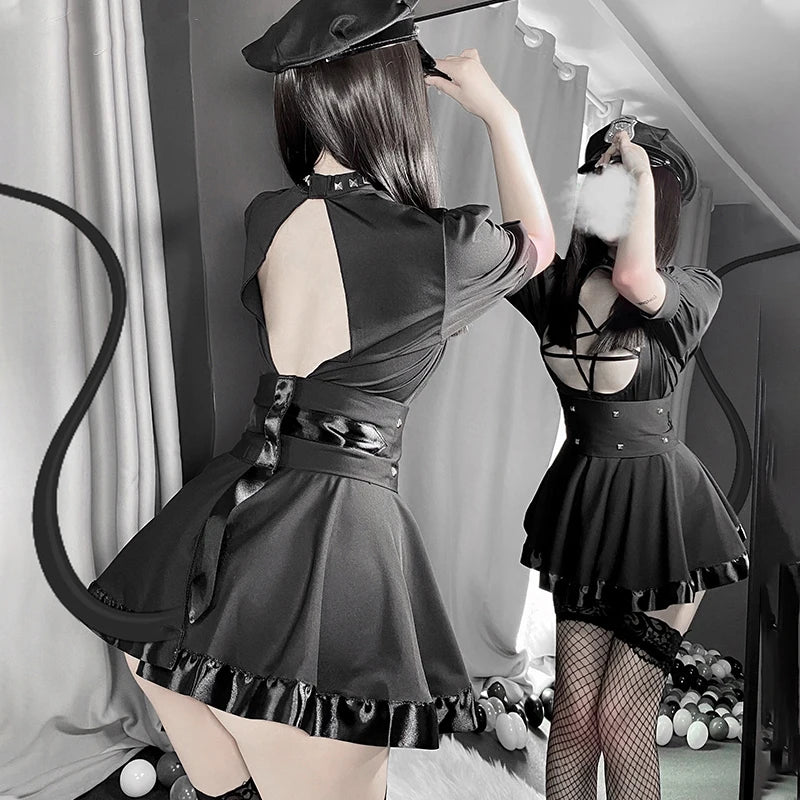 Women Stretchy Goth Party Dress Dark In Love Ruffle Hollow Out Pentagram Halloween Cosplay OutfitSexy Gothic Style Dresses