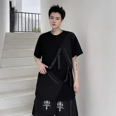 Dark dark summer dress with individual zipper pocket design edition men's loose short-sleeved t-shirt hairdresser fashion