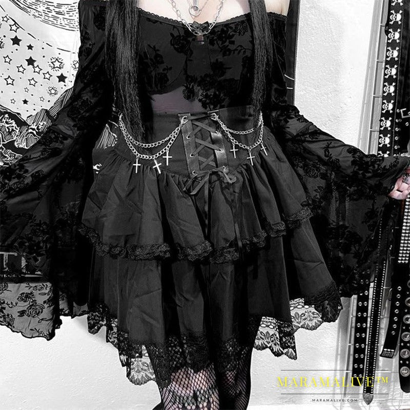 Halloween Autumn New High Waist Lace-up Cross Chain Short Skirt For Women