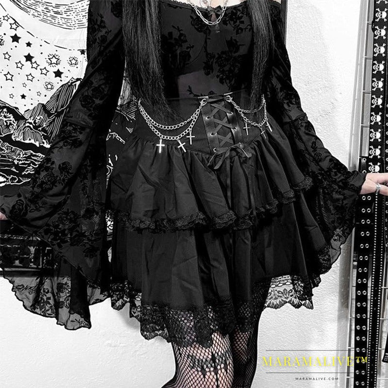 Halloween Autumn New High Waist Lace-up Cross Chain Short Skirt For Women