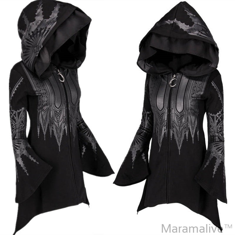 Halloween Cosplay Hoodie Women's Punk Black Long Hooded Printed Sweater