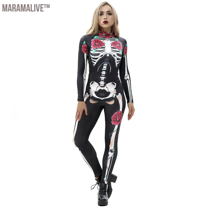 Halloween Costume For Women Bodysuits Rose Skull Skeleton Printing Jumpsuit Party Scary Catsuits