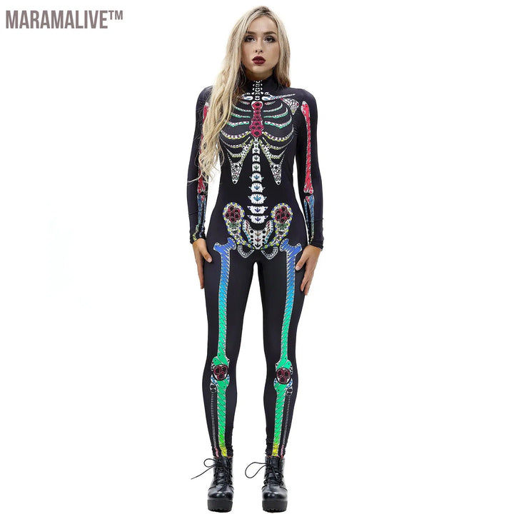 Halloween Costume For Women Bodysuits Rose Skull Skeleton Printing Jumpsuit Party Scary Catsuits