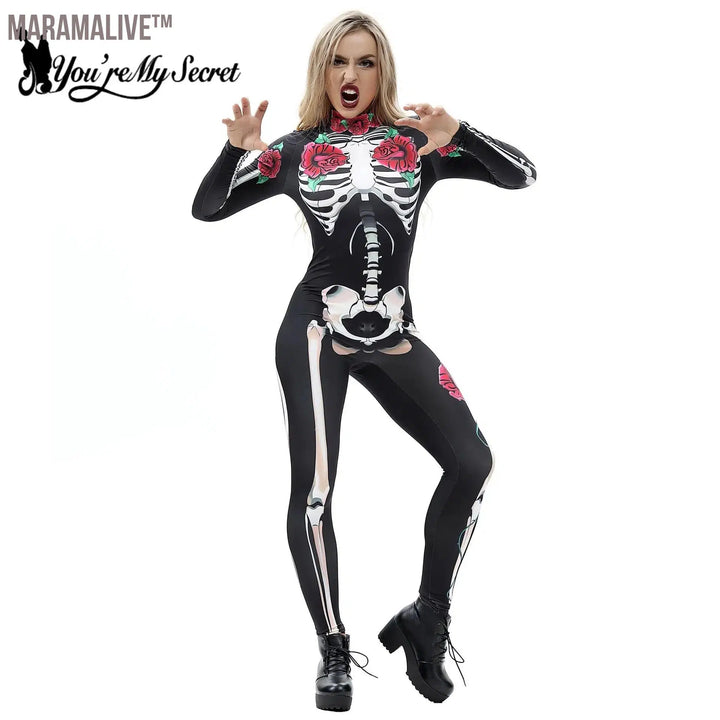 Halloween Costume For Women Bodysuits Rose Skull Skeleton Printing Jumpsuit Party Scary Catsuits