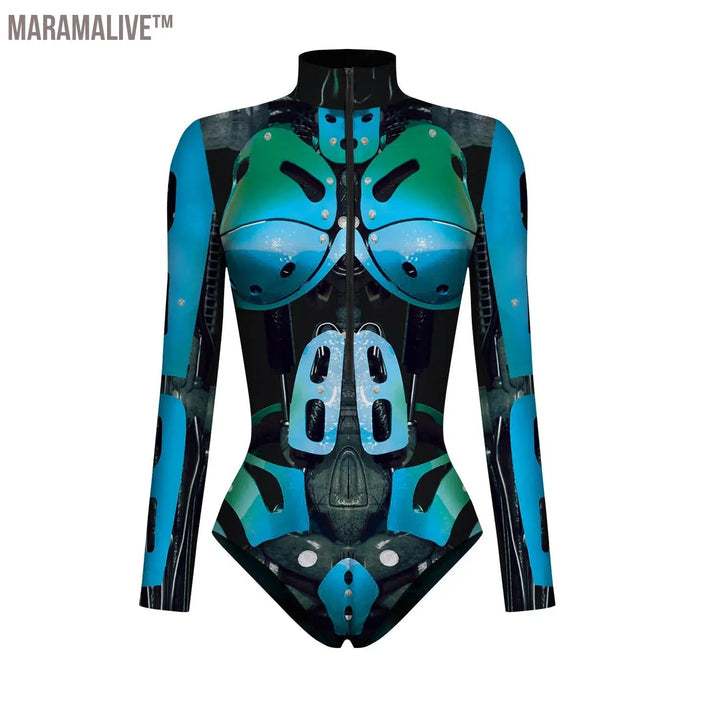 Halloween Fancy Dress Bodysuit 3D Digital Printing Cosplay Costume for Women Long Sleeve Zip Jumpsuit